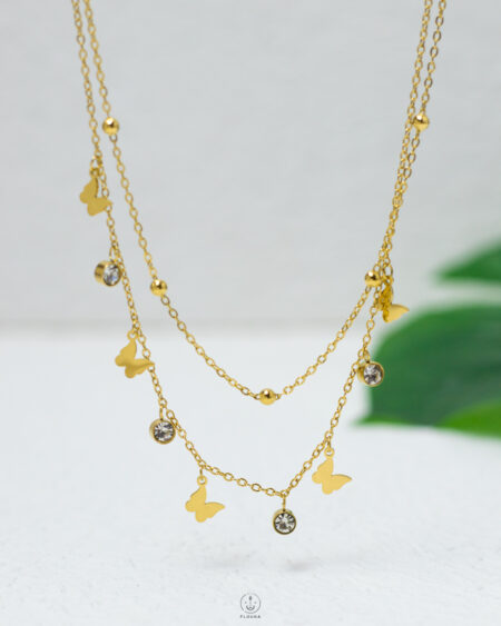 double layer straus butterfly gold necklace