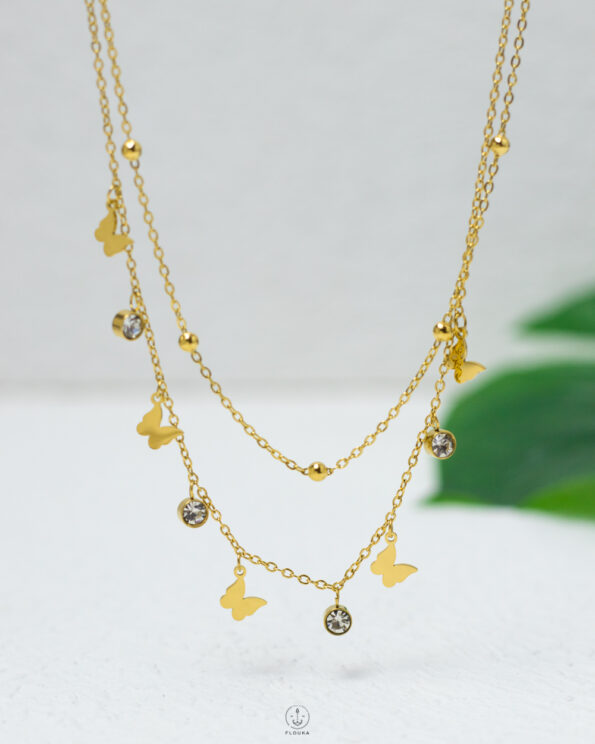 double layer straus butterfly gold necklace
