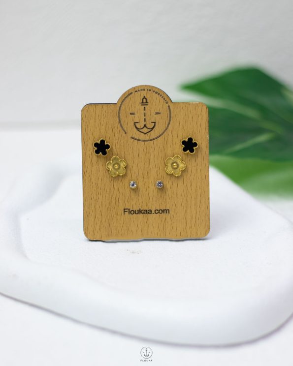 black flower & gold earrings